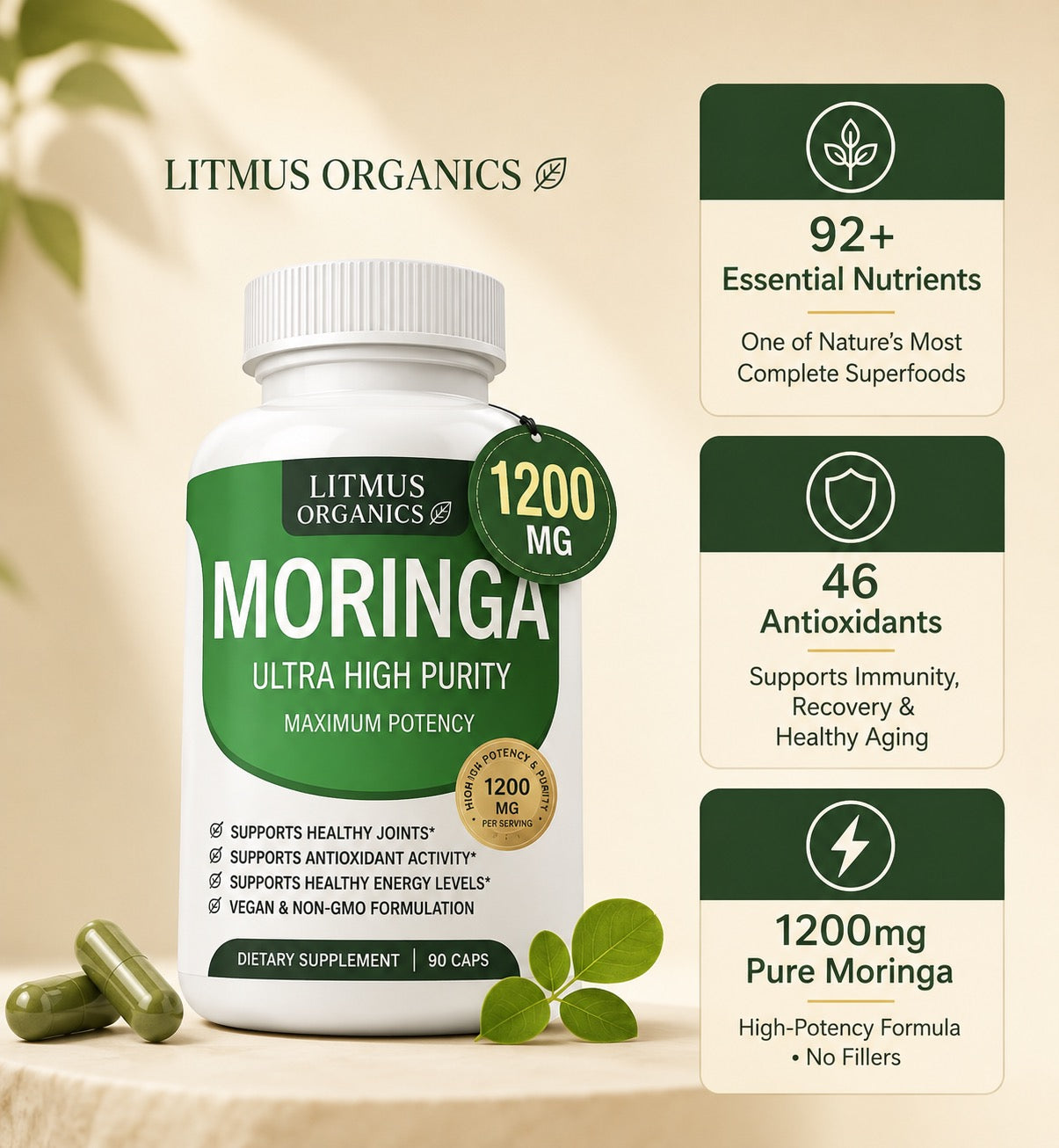 Litmus Organics - Moringa Oleifera 1200mg — Natural Energy & Fatigue Support